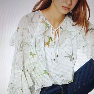 *NEW* TED BAKER Sheer Hummingbird Ruffle Blouse Sz S